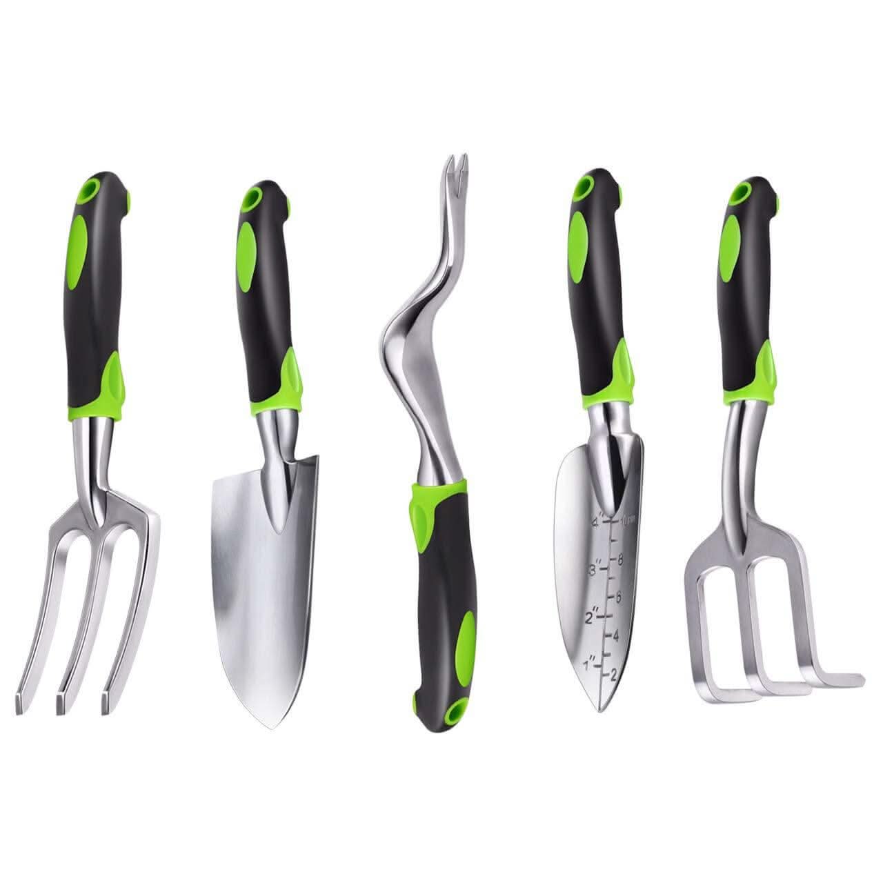 Ensemble d'outils de jardinage, pelle de jardinage en aluminium 5 pièces, kit cadeau comprenant une truelle à main, une truelle de transplantation, un cultivateur, un râteau à main et un désherbeur avec poignée en caoutchouc ergonomique antidérapante