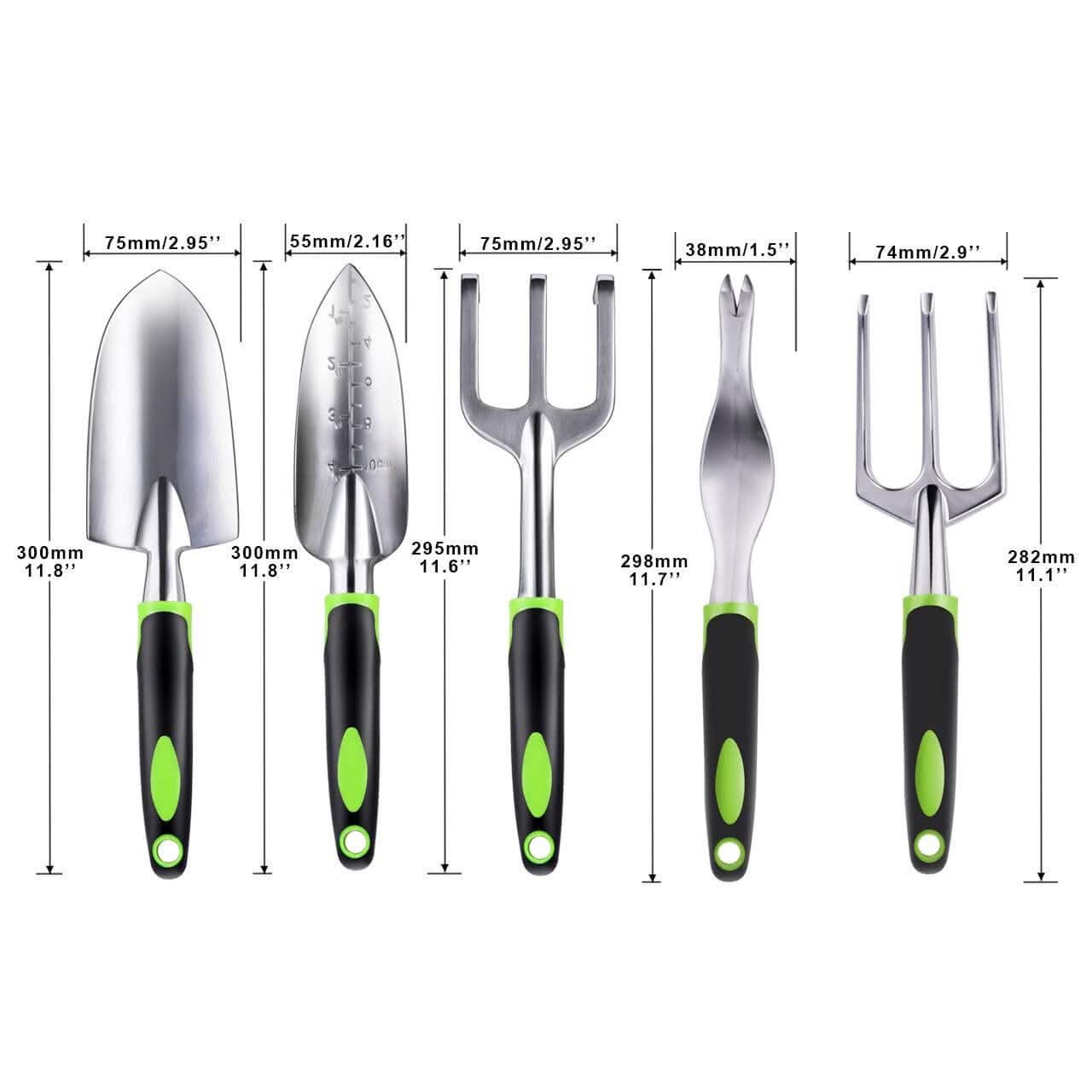 Ensemble d'outils de jardinage, pelle de jardinage en aluminium 5 pièces, kit cadeau comprenant une truelle à main, une truelle de transplantation, un cultivateur, un râteau à main et un désherbeur avec poignée en caoutchouc ergonomique antidérapante