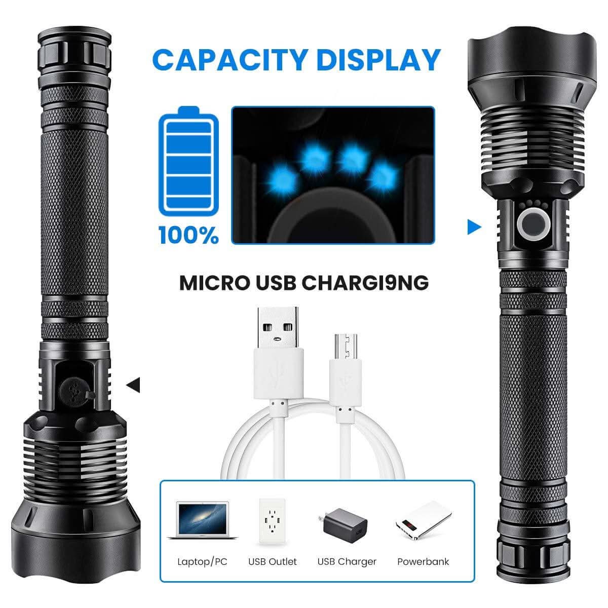 90000 Lumens LED Tactical Flashlight, USB Rechargeable, Zoomable IPX4 Water Resistant