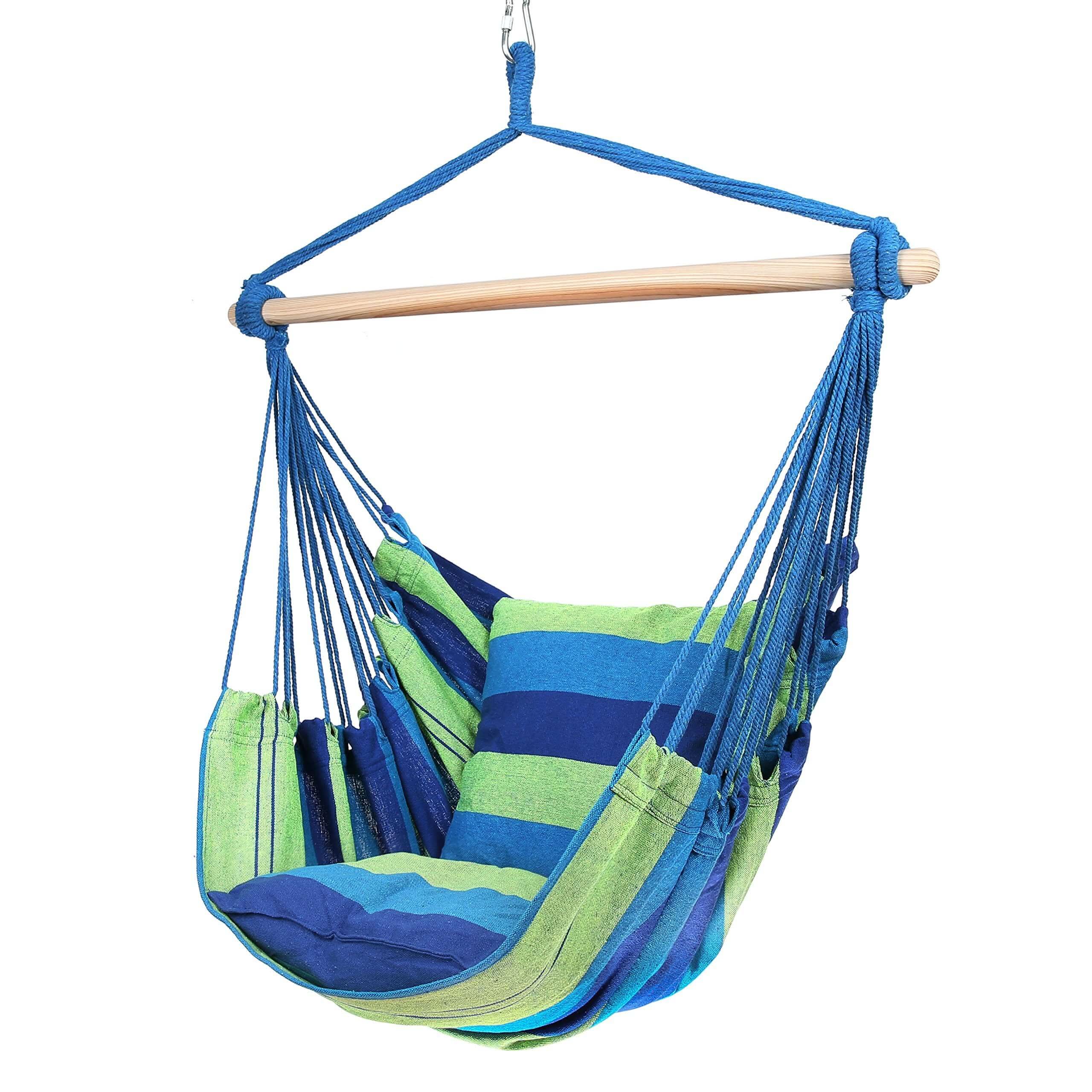 Silla hamaca con dos cojines, asiento de 34 pulgadas de ancho, rayas azules y verdes