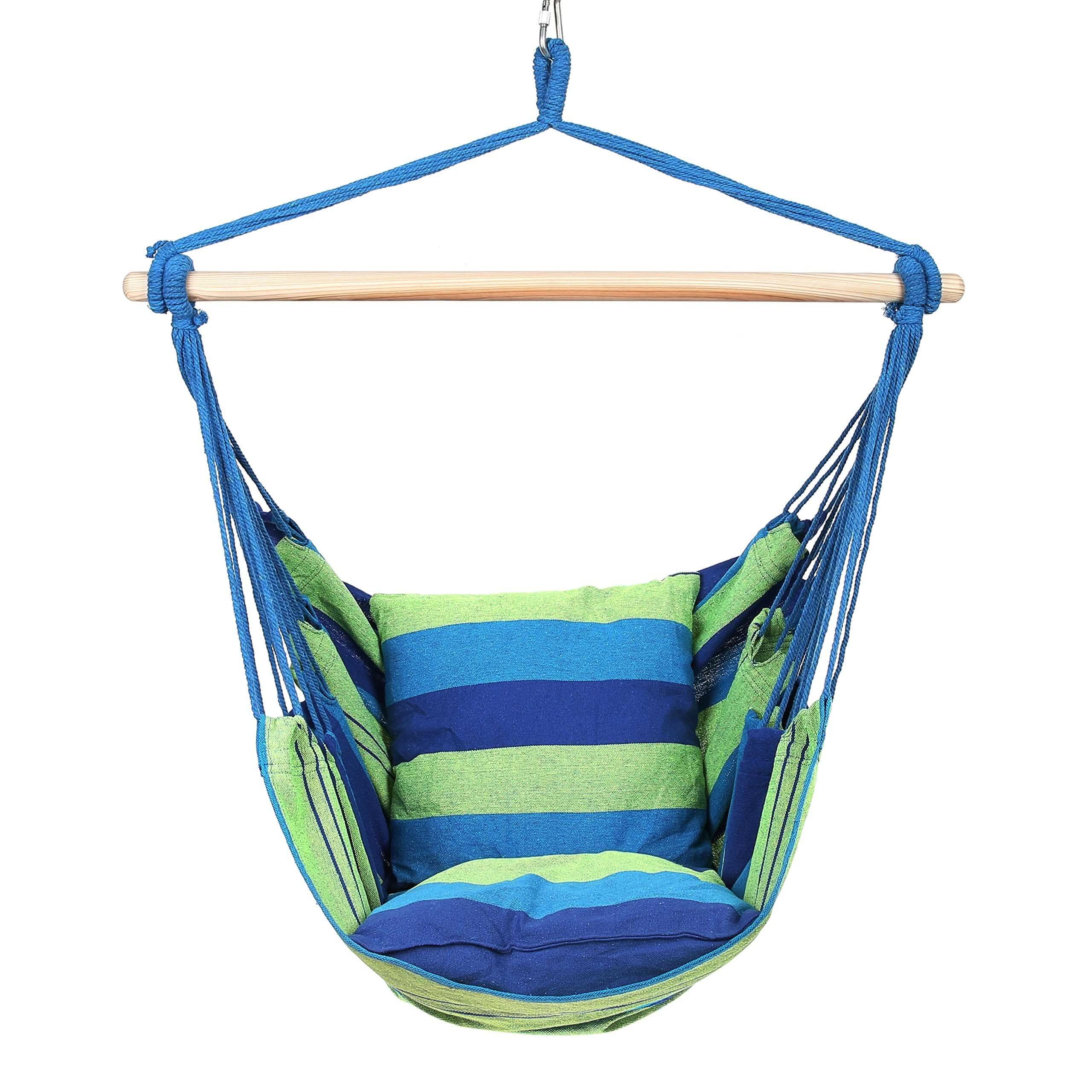 Silla hamaca con dos cojines, asiento de 34 pulgadas de ancho, rayas azules y verdes