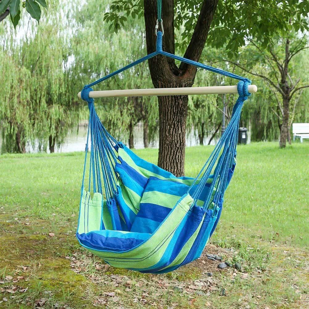 Silla hamaca con dos cojines, asiento de 34 pulgadas de ancho, rayas azules y verdes