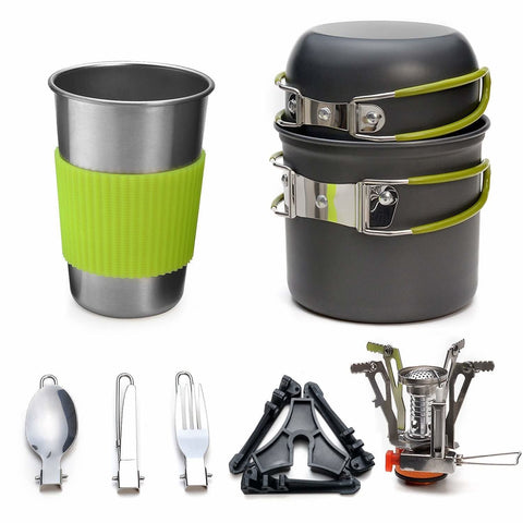 Image of Camping Cookware Stove Carabiner Canister Stand Tripod and Stainless Steel Cup, Tank Bracket, Fork Spoon Kit(DS101)