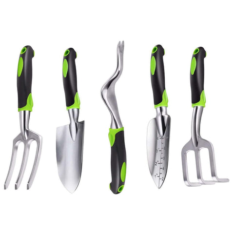 Image of Garden Tool Set, 5 Piece Aluminum Gardening Shovel Gifts Kit Includes Hand Trowel, Transplant Trowel, Cultivator, Hand Rake, and Weeder with Non-Slip Ergonomic Rubber Grip
