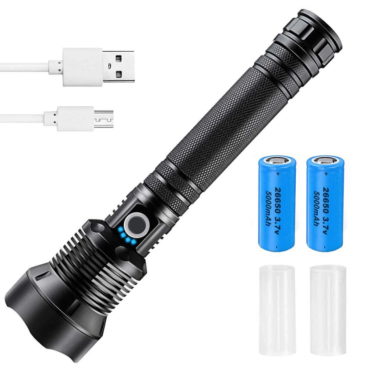 90000 lumen flashlight rechargeable 90000 Lumens LED Tactical Flashlight, USB Rechargeable, Zoomable IPX4 Water Resistant