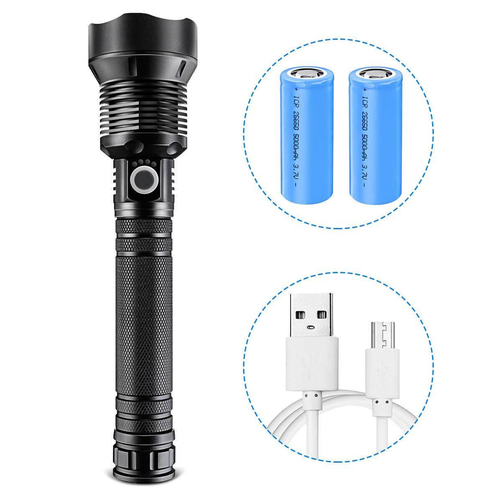 90000 Lumens LED Tactical Flashlight, USB Rechargeable, Zoomable IPX4 Water Resistant