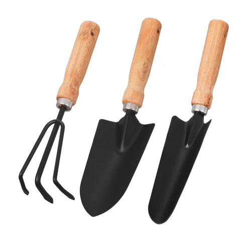 Image of Garden Tool Sets - Wooden Handle Black Metal Gardening Trowels, Cultivator and Trans-Planter