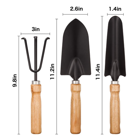 Image of Garden Tool Sets - Wooden Handle Black Metal Gardening Trowels, Cultivator and Trans-Planter