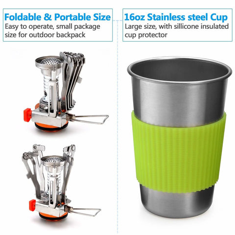 Image of Camping Cookware Stove Carabiner Canister Stand Tripod and Stainless Steel Cup, Tank Bracket, Fork Spoon Kit(DS101)
