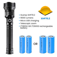 90000 Lumens LED Tactical Flashlight, USB Rechargeable, Zoomable IPX4 Water Resistant