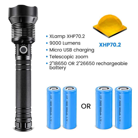 Image of 90000 Lumens LED Tactical Flashlight, USB Rechargeable, Zoomable IPX4 Water Resistant