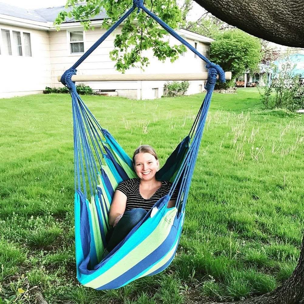 Silla hamaca con dos cojines, asiento de 34 pulgadas de ancho, rayas azules y verdes 