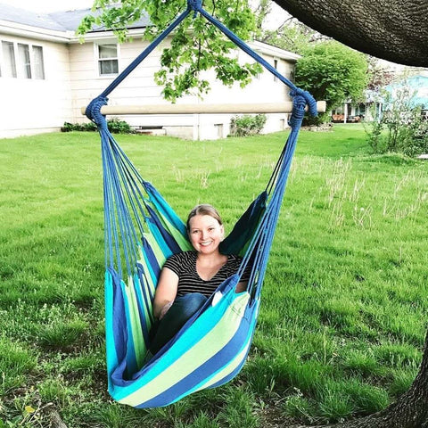 Image of Hammock Chair with Two Cushions, 34 Inch Wide Seat Blue & Green Stripes