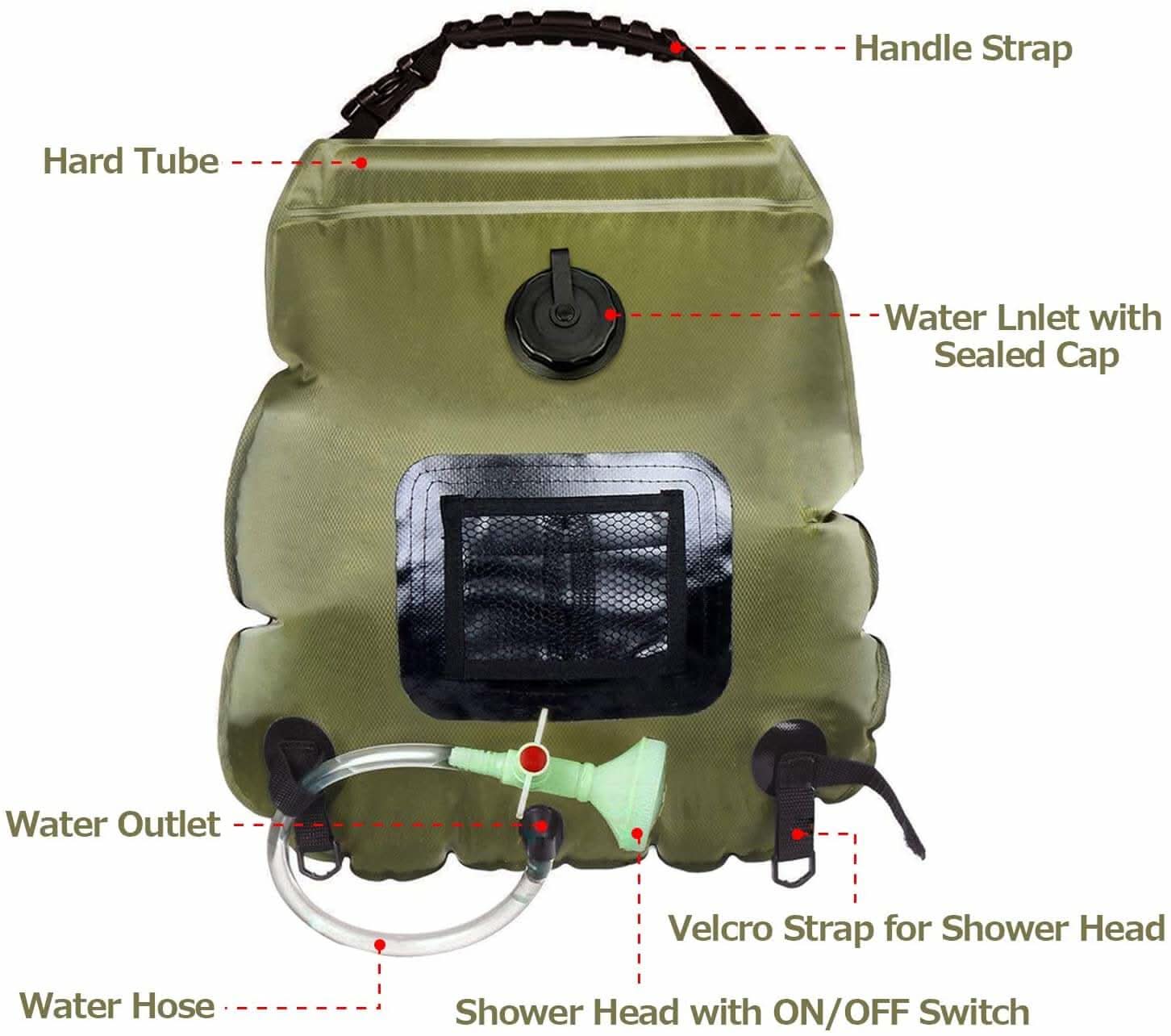 Solar Shower Bag 5 gallons/20L with Removable Hose and On-Off Switchable Shower Head