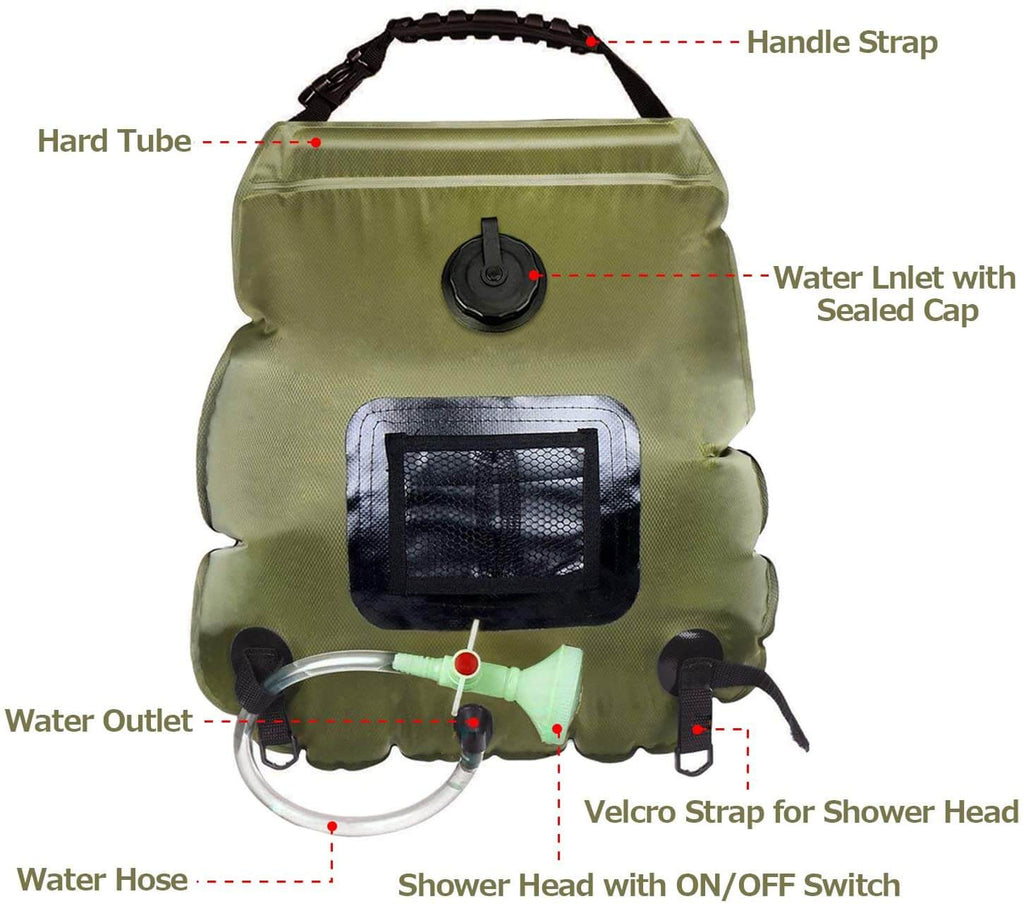 Solar Shower Bag 5 gallons/20L with Removable Hose and On-Off Switchable Shower Head