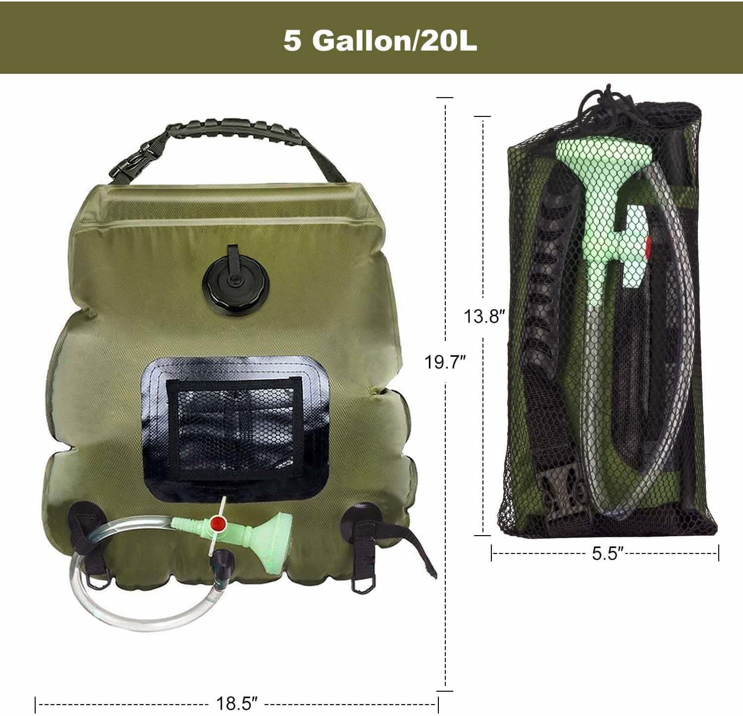 Solar Shower Bag 5 gallons/20L with Removable Hose and On-Off Switchable Shower Head