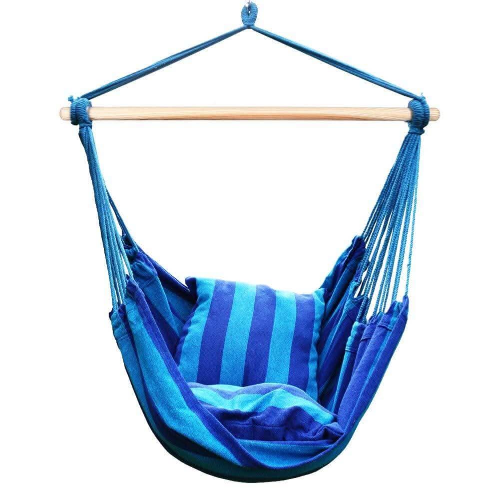 Silla hamaca con dos cojines, asiento de 34 pulgadas de ancho, rayas azules y verdes 